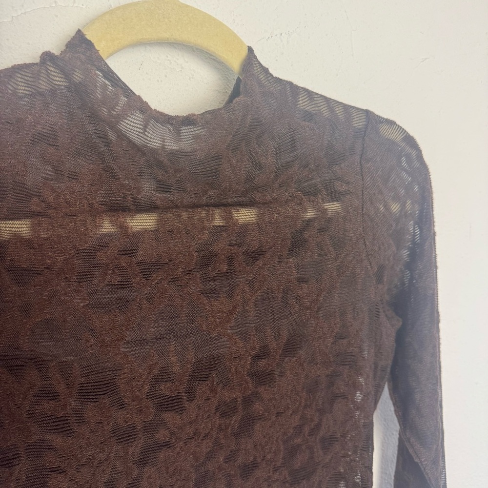 BTBFM Lace Mock Rolled Neck Sheer Long‎ Sleeve Blouse Top - Picture 4 of 5